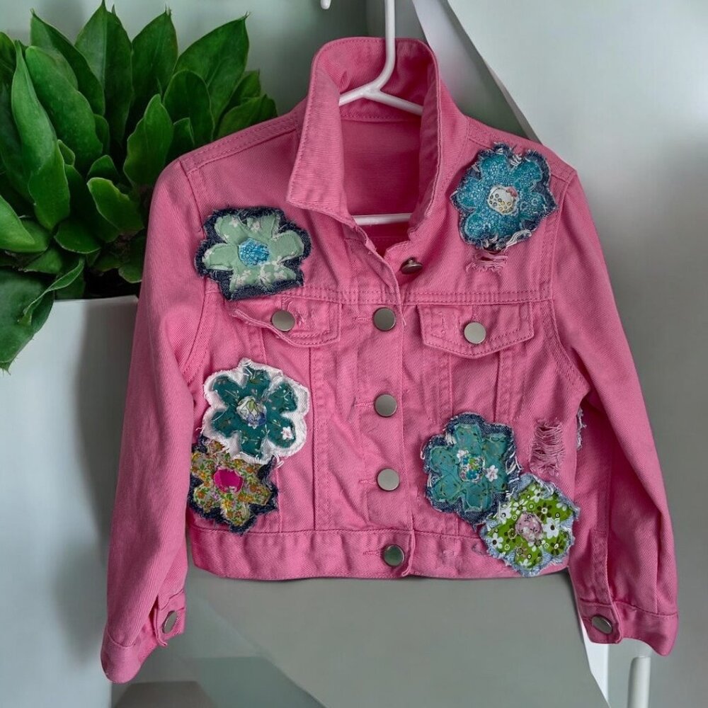 Custom Toddler Pink Jean Jacket in Size 4 with Multi-layer Boho Flowers NWT
